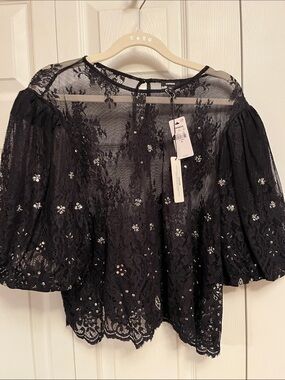 Express BLACK TIE, Black Lace Puff-Sleeve Blouse with Sequin Floral Accents